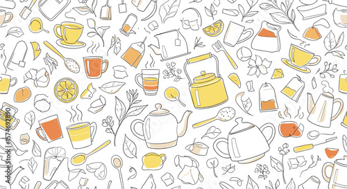 A whimsical watercolor doodle collection of tea time delights featuring kettles cups spoons and biscuits