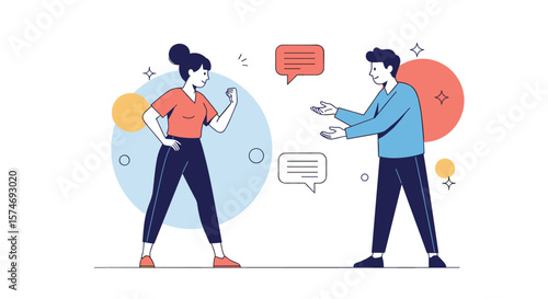 Two people in a heated discussion with speech bubbles and abstract shapes illustrating their conversation and dynamic interaction