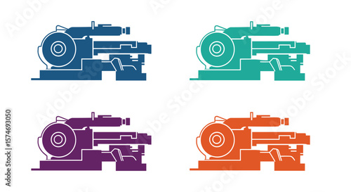 Industrial machine silhouette collection featuring lathe tooling in multiple color variations representing manufacturing and engineering processes