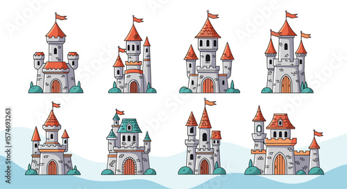 A charming collection of eight whimsical fantasy castles each with unique architectural details and colorful banners