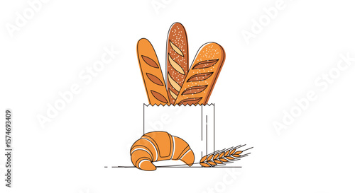 Delicious freshly baked bread and croissant assortment in a paper bag with wheat stalks