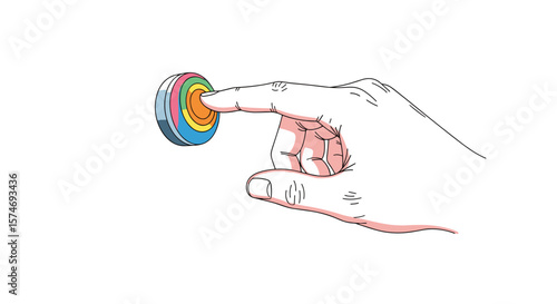 Close up of a finger pressing a colorful spinning fidget toy with multiple rings in a studio setting