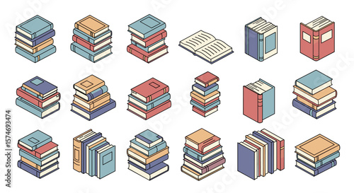 Collection of isometric stacked books and open book illustrations for education and reading concepts