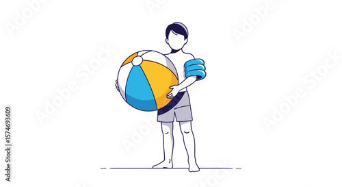 A young child standing proudly holding a large beach ball and wearing arm floats ready for summer fun