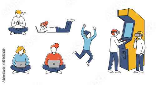 Diverse individuals engaging with technology and entertainment options demonstrating modern lifestyles and leisure activities in various settings