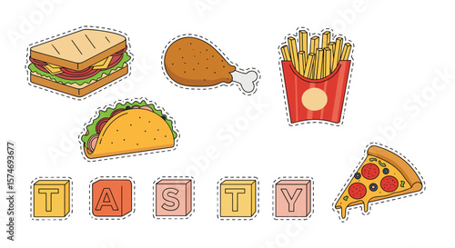 Collection of delicious fast food icons featuring a sandwich taco fried chicken french fries and a slice of pizza spelling out the word tasty