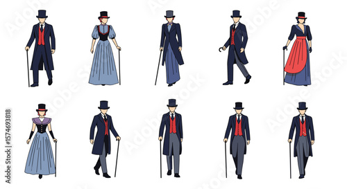 Victorian era fashion showcase featuring elegant gentlemen and ladies in period attire demonstrating distinctive styles