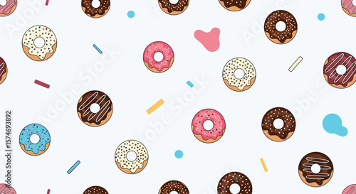 A whimsical collection of delicious doughnuts adorned with sweet sprinkles and colorful glazes creating a delightful pattern for sweet treats