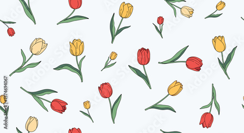 A vibrant collection of blooming tulips in various colors scattered across a clean white background for a cheerful springtime aesthetic