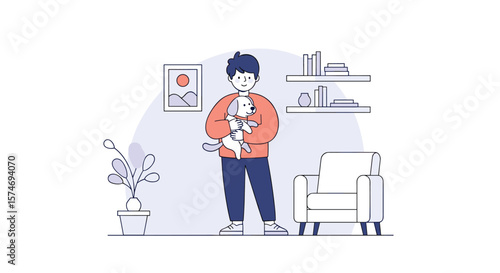 A young man happily holds a small dog while standing in a comfortable living room with a plant and armchair