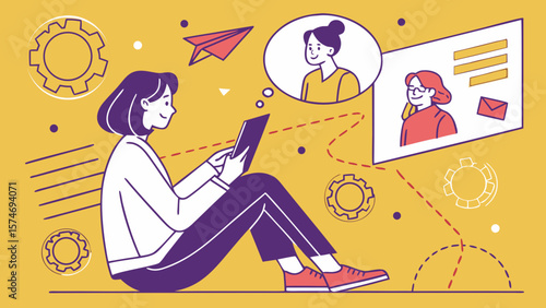 Flat vector of woman on a video call with friends, digital background elements | Vector illustration.