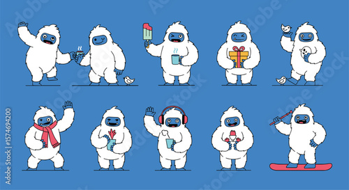 Collection of cute yetis engaged in various winter activities and holding seasonal items celebrating holidays and enjoying the cold weather