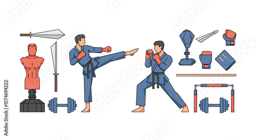 Martial arts training equipment and fighters practicing combat techniques with focus on physical fitness and self defense skills development