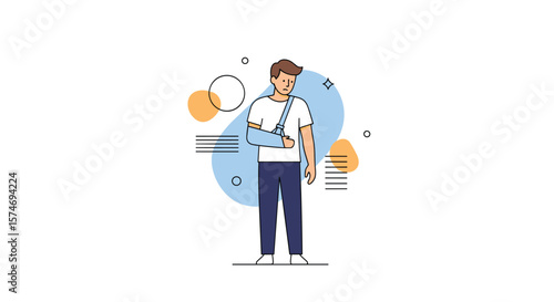Young man with arm in sling after injury experiencing pain and seeking medical attention for recovery and rehabilitation support