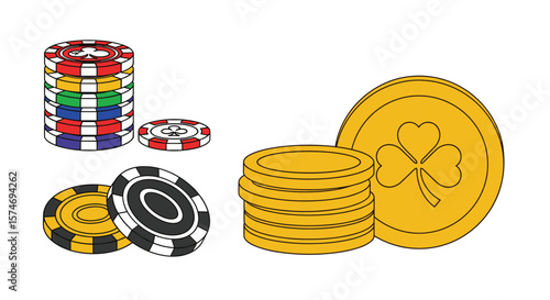 Casino chips and gold coins with shamrock symbol for gambling and fortune
