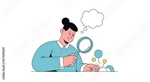 Person examining details with a magnifying glass and thinking about a concept or idea