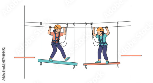 Two friends enjoying a thrilling adventure crossing a high ropes course with suspended obstacles and safety harnesses engaged for their protection during their outdoor activity