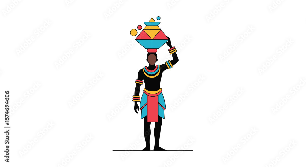 Fototapeta premium A detailed vector illustration of an african person balancing a colorful pot on their head while wearing traditional attire