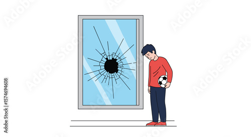A boy standing near a broken window holds a soccer ball after accidentally kicking it through the glass