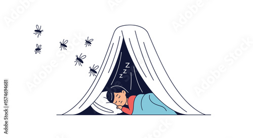 Peaceful sleep under a protective mosquito net while insects buzz around outside avoiding disturbance