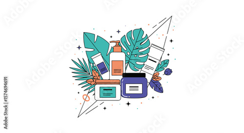 Exquisite natural skincare products with lush tropical leaves and geometric designs for a refreshing beauty experience