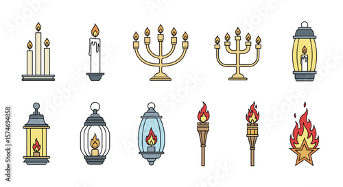 Collection of various decorative lighting objects including menorahs candles lanterns and torches representing light and celebration