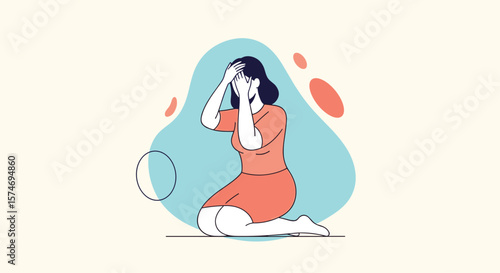 Young woman feeling overwhelmed and distressed while kneeling down covering her face