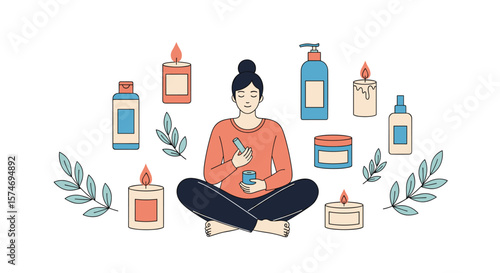Serene woman engaged in skincare ritual surrounded by candles and botanical elements promoting relaxation and self care practices