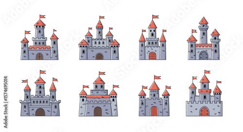 Collection of medieval fantasy castles with towers flags and archways isolated on white background