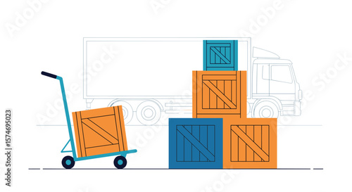 Efficiently moving heavy cargo boxes with a hand truck near a delivery truck and stacked wooden crates