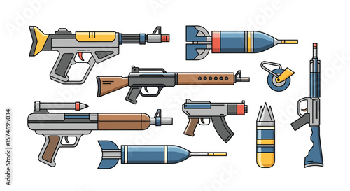 Diverse collection of stylized futuristic and modern firearms and ammunition represented in a clean vector graphic