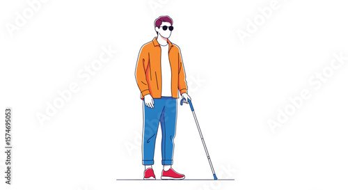Man wearing sunglasses and orange jacket holding a walking stick while standing illustration for visually impaired people