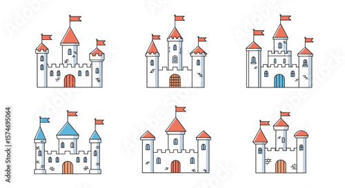 Collection of stylized medieval castles with flags flying proudly under a clear sky