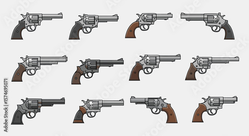 Collection of twelve detailed pixel art revolver pistols displayed against a white background