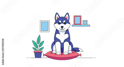 Cute husky puppy sitting comfortably on a soft pillow in a stylishly decorated room creating a cozy atmosphere