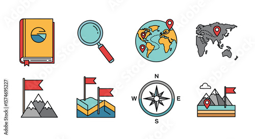 Exploring the world through maps navigation and discovery icons representing travel adventure and research concepts