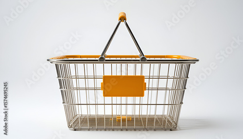 An empty shopping basket with yellow accents stands ready for groceries or product placement, ideal for retail or marketing concepts.