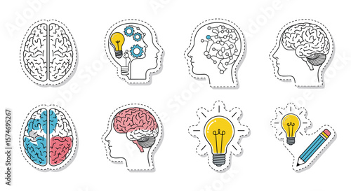 Illustrations of the human brain and thought processes related to innovation and creativity symbolizing cognitive functions