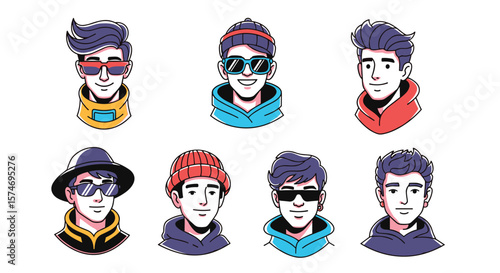 Modern casual style male portrait illustrations with trendy headwear and eyewear designs