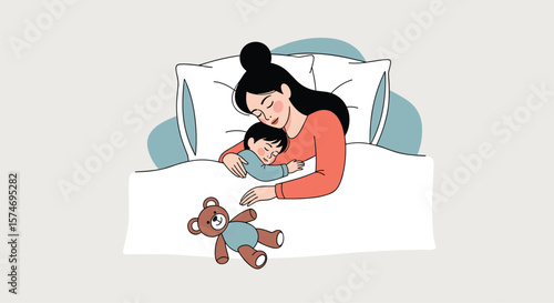 Gentle mother holds sleeping child close in bed with teddy bear nearby illustrates tender family love and peaceful sleep