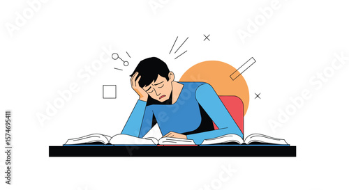 Overwhelmed student feeling exhausted while studying late night for exams facing academic pressure and mental fatigue
