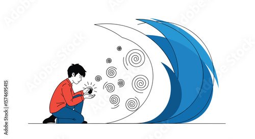 Young person focused on small glowing object amidst swirling spirals and approaching wave illustration