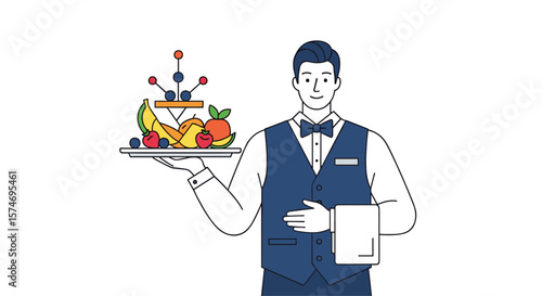 A professional waiter presenting a platter of fresh fruits and healthy snacks with a stylized molecular structure atop symbolizing organic nutrition and wellness