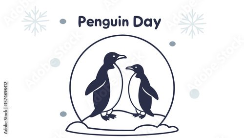 Adorable Penguin Pair: Minimalist Line Art Illustration for Penguin Day, Celebrating Winter, Wildlife, and Conservation; Perfect for Greeting Cards, Social Media, and Web Design.