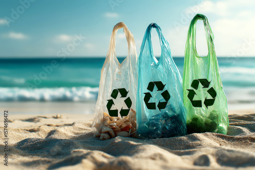 Ecological concept with bags full of beach trash, focusing on pollution and recycling