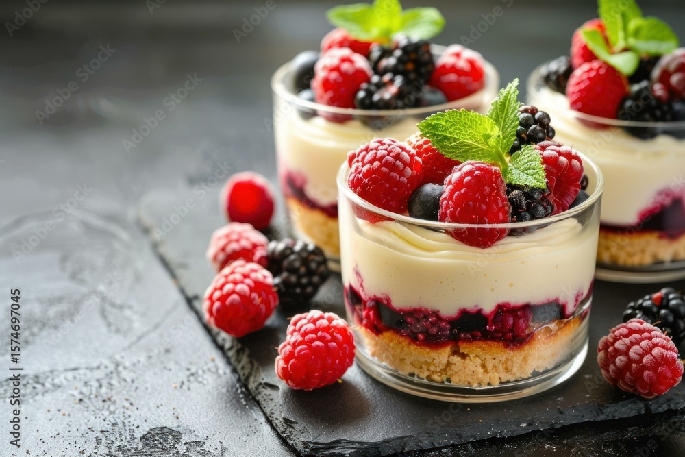 Creamy dessert in glasses with fresh raspberries, blackberries, blueberries and mint leaves on dark background Creamy dessert in glasses with fresh raspberries, blackberries, blueberries and mint leaves on dark background