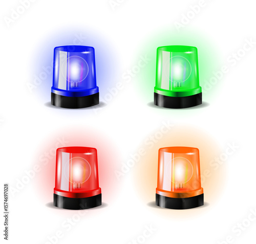 Red and blue flashers green and orange Siren Vector. Realistic Object. Light Effect. Beacon For Police Cars Ambulance, Fire Trucks. Emergency Flashing Siren.