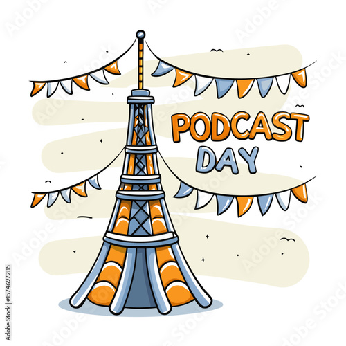 Broadcast Tower Celebrating International Podcast Day with Decorative Flags for Social Media, Marketing Campaigns, and Event Promotion  