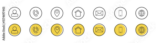 Contact icons set. Containing name, address, location, mail, website, telephone, cell phone for app and website. 