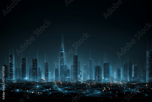 A futuristic cityscape at night, glowing with blue neon lights and digital data overlays. 